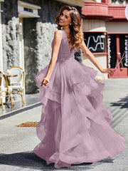 V-Ausschnitt Ärmellos Tüll Ballkleid Vintage Mauve