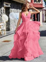 V-Ausschnitt Ärmellos Tüll Ballkleid Wassermelone Übergröße
