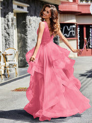 V-Ausschnitt Ärmellos Tüll Ballkleid Wassermelone