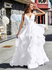 V-Ausschnitt Ärmellos Tüll Ballkleid Weiß