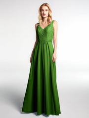 Spitzen Mieder Langes Kleid mit V-Ausschnitt und Chiffon Rock Moos
