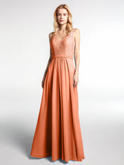 Spitzen Mieder Langes Kleid mit V-Ausschnitt und Chiffon Rock Papaya