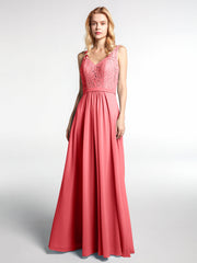 Spitzen Mieder Langes Kleid mit V-Ausschnitt und Chiffon Rock Wassermelone