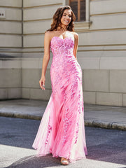 Trägerlos Spitze Oberteil Rücken Meerjungfrau Tüll Kleid Rosa