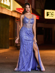 Pailletten Korsett Hoher Schlitz Maxi Kleid Lavendel