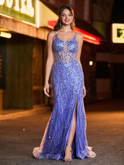 Pailletten Korsett Hoher Schlitz Maxi Kleid Lavendel