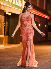 Pailletten Korsett Hoher Schlitz Maxi Kleid Orange