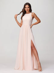 Prinzessin Lang Chiffon Kleider mit Schlitz Pfirsich