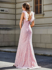 Tiefer V-Ausschnitt Eingebaut Hoher Schlitz Paillettenkleid Zartrosa