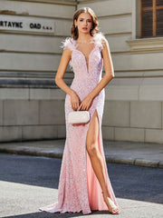 Tiefer V-Ausschnitt Eingebaut Hoher Schlitz Paillettenkleid Zartrosa Übergröße