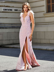 Tiefer V-Ausschnitt Eingebaut Hoher Schlitz Paillettenkleid Zartrosa