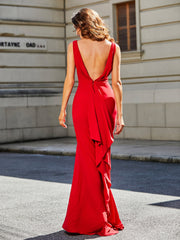 Ärmellos V-Ausschnitt Hoher Schlitz Jersey Kleid Rot