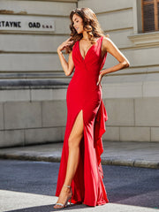 Ärmellos V-Ausschnitt Hoher Schlitz Jersey Kleid Rot