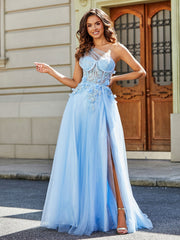 Blume Applique Oberteil Hoher Schlitz Tüllkleid Himmelblau