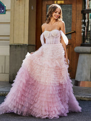 Schultefrei Rüschen Stufenrock Tüll Ballkleid Rosa Übergröße