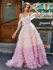 Schultefrei Rüschen Stufenrock Tüll Ballkleid Rosa