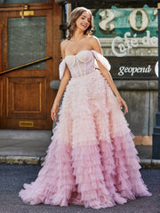 Schultefrei Rüschen Stufenrock Tüll Ballkleid Rosa