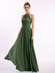 Halfter Lange Chiffon Kleid mit doppelten Träger Olivgrün