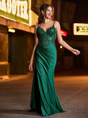 Applikationen Korsett Glänzend Satin Hoher Schlitz Maxi Kleid Dunkelgrün