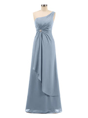 Eine Schulter Chiffon Kleid mit Cascade Rock Staubiges Blau