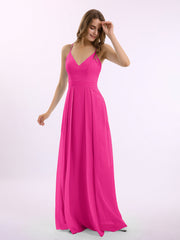 Spaghetti Träger V-Ausschnitt Chiffon Kleid mit Säckel Fuchsia