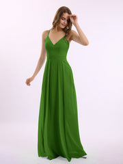 Spaghetti Träger V-Ausschnitt Chiffon Kleid mit Säckel Moos