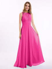 Chiffon Lang Kleid mit Spitze Tief V-Ausschnitt und Rücken Fuchsia