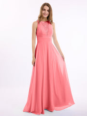 Chiffon Lang Kleid mit Spitze Tief V-Ausschnitt und Rücken Wassermelone