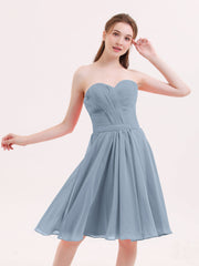 Herz-Ausschnitt Knielang Chiffon Brautjungfernkleid Staubiges Blau