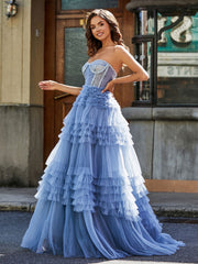 Trägerlos Korsett Oberteil Tüll Ballkleid Staubiges Blau