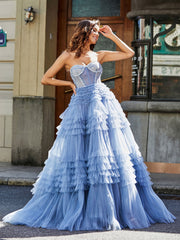 Trägerlos Korsett Oberteil Tüll Ballkleid Staubiges Blau