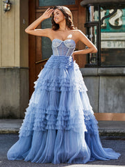 Trägerlos Korsett Oberteil Tüll Ballkleid Staubiges Blau