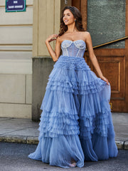 Trägerlos Korsett Oberteil Tüll Ballkleid Staubiges Blau