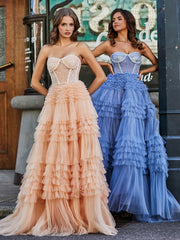 Trägerlos Korsett Oberteil Tüll Ballkleid Pfirsich