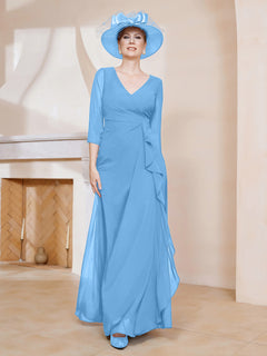 3/4 Ärmel V-Ausschnitt A-Linie Plissee Kleid Blau Übergröße