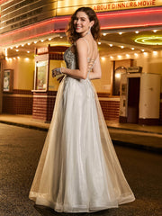 A-Linie Tüll Glitzer Prom-Kleid mit Perlen Champagner