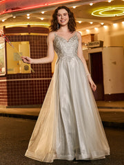 A-Linie Tüll Glitzer Prom-Kleid mit Perlen Champagner