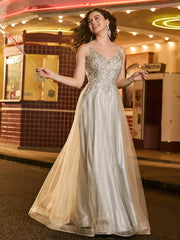 A-Linie Tüll Glitzer Prom-Kleid mit Perlen Champagner