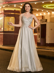 A-Linie Tüll Glitzer Prom-Kleid mit Perlen Champagner