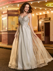 A-Linie Tüll Glitzer Prom-Kleid mit Perlen Champagner