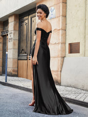 Schulterfrei Korsett Oberteil Satin Kleid Schwarz