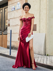 Schulterfrei Korsett Oberteil Satin Kleid Burgunderrot