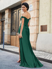 Schulterfrei Korsett Oberteil Satin Kleid Dunkelgrün