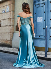 Schulterfrei Korsett Oberteil Satin Kleid Tealgrün