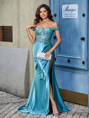 Schulterfrei Korsett Oberteil Satin Kleid Tealgrün