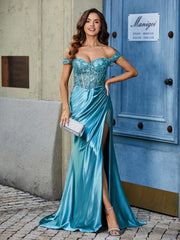 Schulterfrei Korsett Oberteil Satin Kleid Tealgrün Übergröße