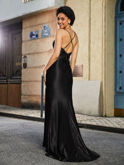 Plissee Oberteil Eingebaut Meerjungfrau Kleid Schwarz