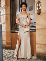 Hoher Schlitz Plissee Satin Kleid Champagner