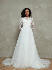 Spitze Oberteil Tüll Rock Brautkleider mit Illusion-Ausschnitt Elfenbein