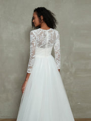 Spitze Oberteil Tüll Rock Brautkleider mit Illusion-Ausschnitt Elfenbein